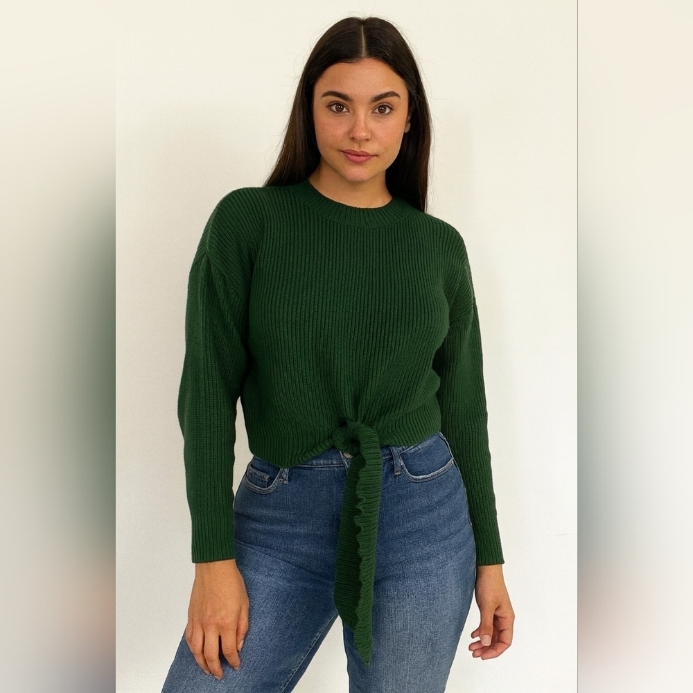 Fashion Style #7156 Women’s Hunter Green Tie Front Sweater Long Sleeve Crewneck